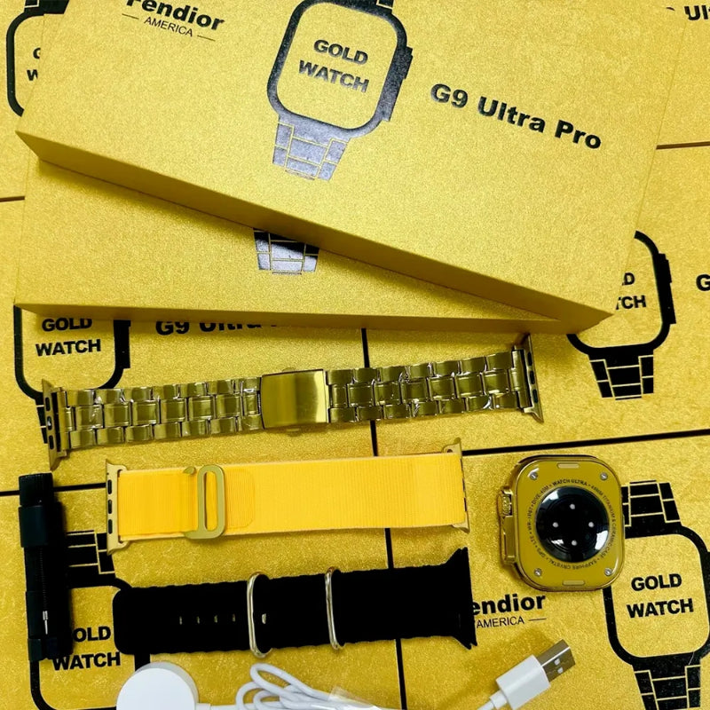 G9 Ultra Pro (Golden Edition) - 49MM Ultra Series 8 - NFC - Bluetooth Call - Customize Wallpaper - Wireless Charging - Real Screws and Straps Locks G9