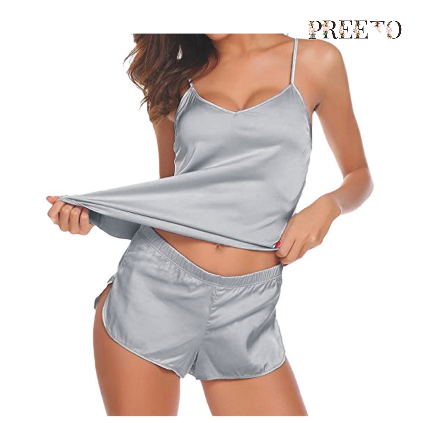 Preeto womens sleepwear/nightywear sexy silky light weight Satin Cami and Short Set For women