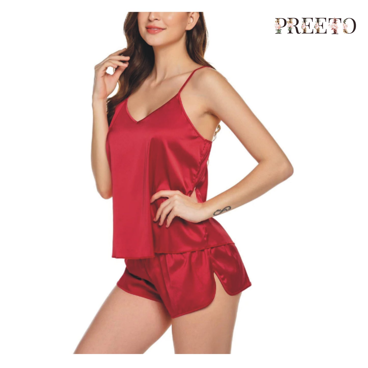Preeto womens sleepwear/nightywear sexy silky light weight Satin Cami and Short Set For women